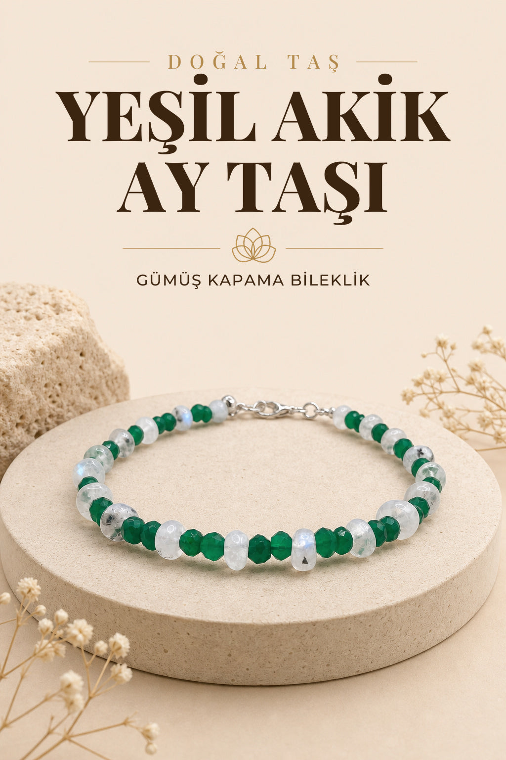 Yeşil Akik - Ay Taşı 4mm Doğal Taş Bileklik Gümüş Kapama