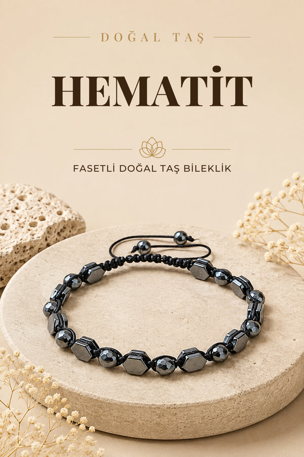 Hematit Fasetli Parlak Doğal Taş Bileklik Taş Üzeri İpli Model