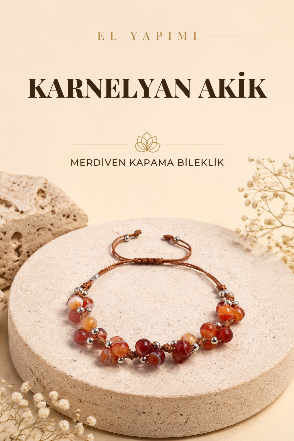 Karnelyan Akik Doğal Taş Merdiven Kapama Bileklik Özel Tasarım