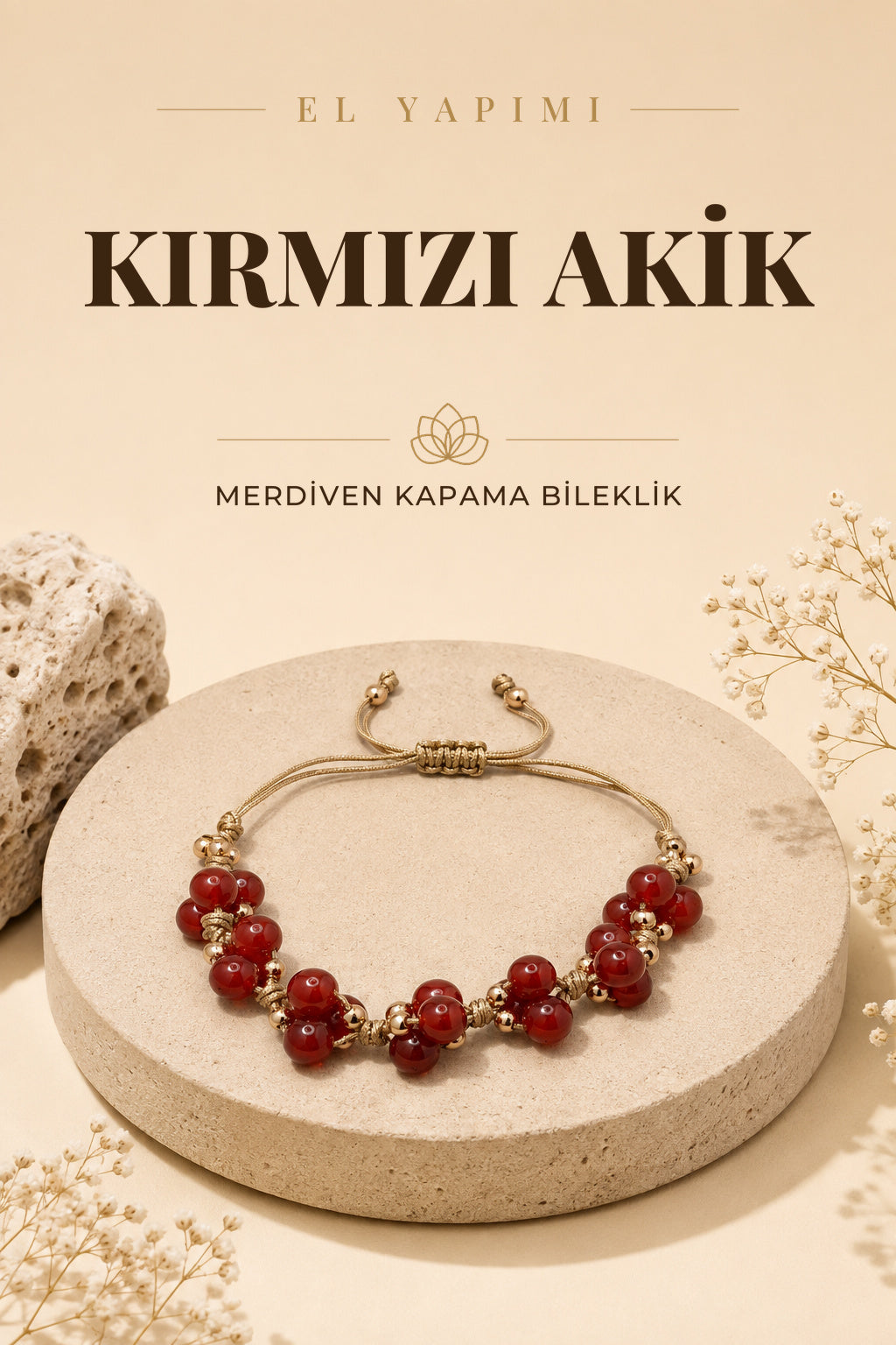 Kırmızı Akik Doğal Taş Merdiven Kapama Bileklik Özel Tasarım