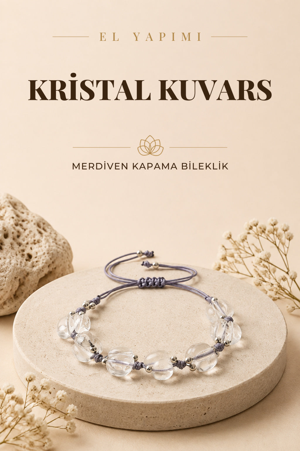 Kristal Kuvars Doğal Taş Merdiven Kapama Naturel Kesim Bileklik Özel Tasarım
