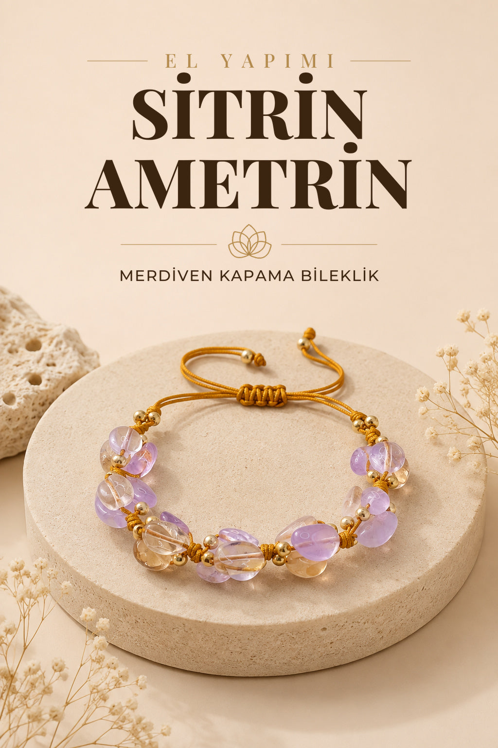 Sitrin-Ametrin Doğal Taş Merdiven Kapama Naturel Kesim Bileklik Özel Tasarım