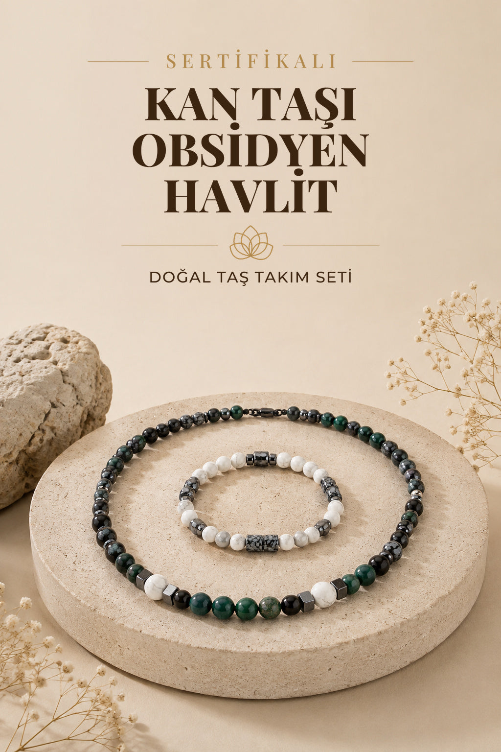 Dinçlik Arınma ve Yenilenme Bileklik Seti Kan Taşı, Obsidyen, Havlit Sertifikalı Doğal Taşlı