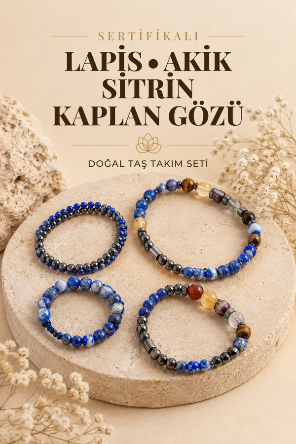 Güçlü Sezgiler & Yedi Çakra Bileklik Seti Lapis, Akik, Sitrin, Kaplan Gözü Sertifikalı Doğal Taşlı