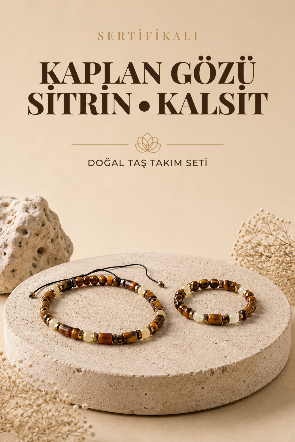 Cesaret ve Girişkenlik Bileklik Seti Kaplan Gözü, Sitrin, Kalsit Sertifikalı Doğal Taşlı
