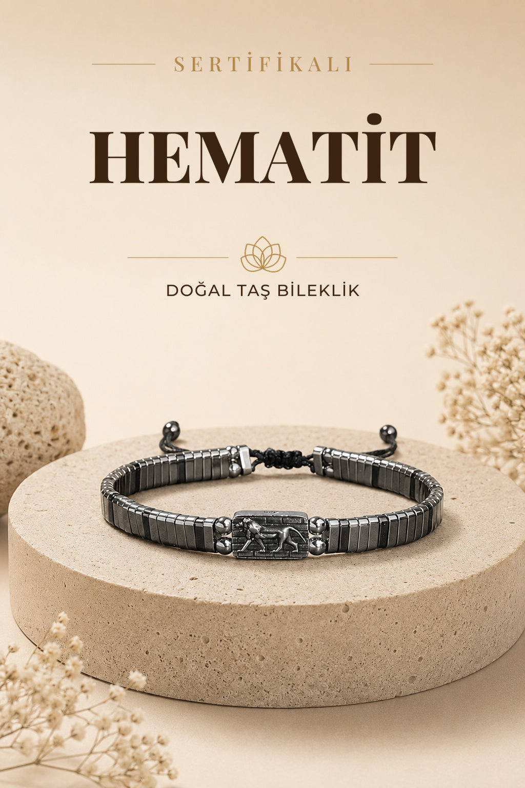 SERTİFİKALI HEMATİT DOĞAL TAŞLI ÖRGÜ 925 AYAR GÜMÜŞ TASARIM BİLEKLİK (ASLAN SEMBOLLÜ)