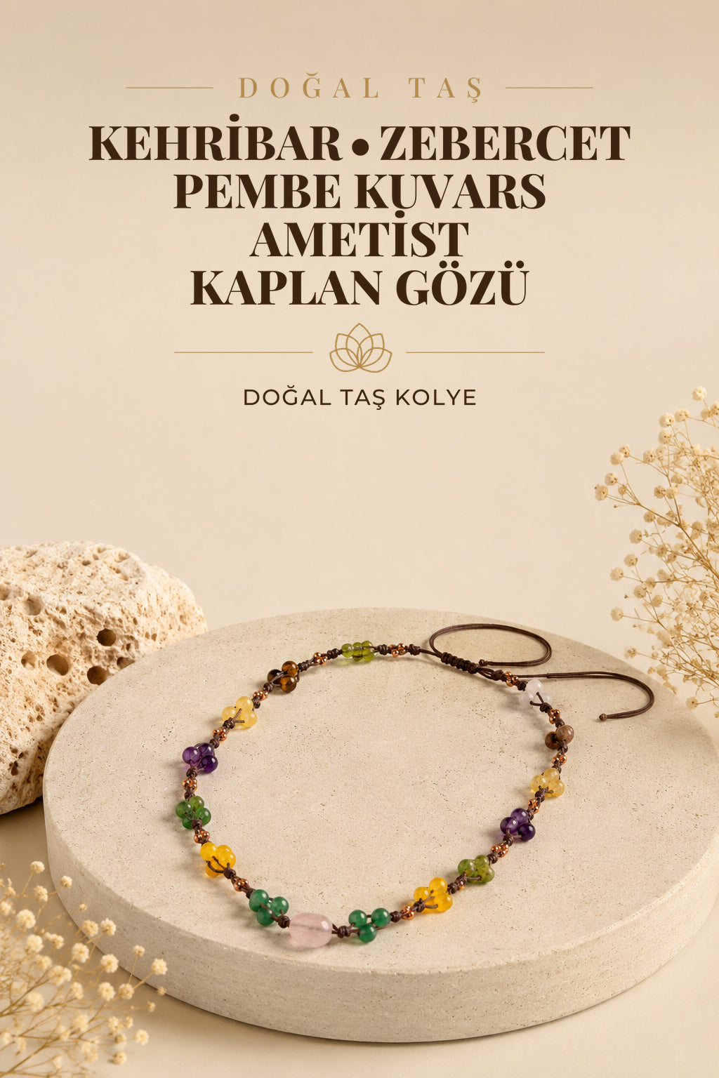 Doğal Taşlı El Işçiliği Anne Kolyesi Kehribar, Zebercet, Pembe Kuvars, Ametist, Kaplan Gözü