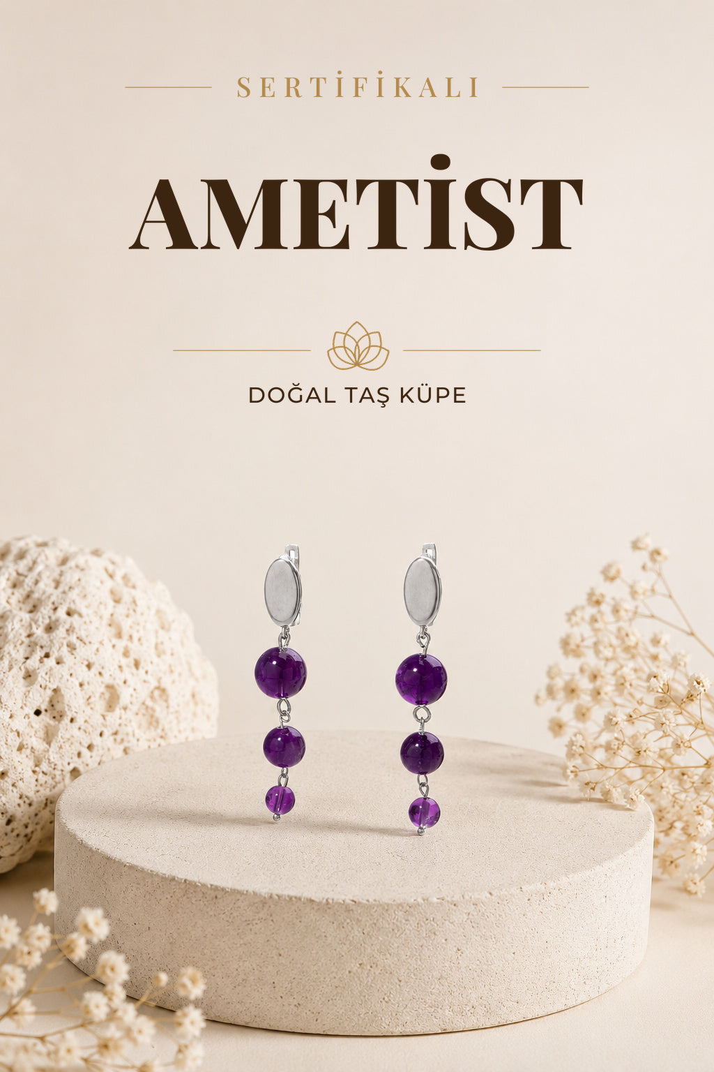 Sertifikalı Ametist Doğal Taşlı 3 Katlı Sallantılı Tasarım Gümüş Küpe