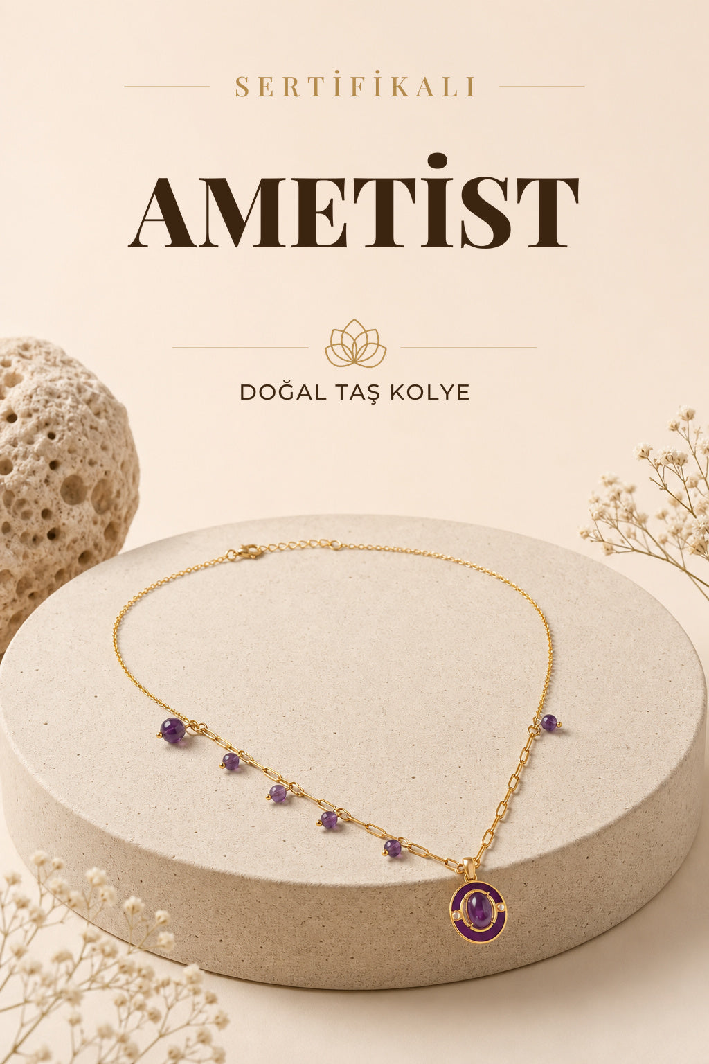 Sertifikalı Ametist Doğal Taşlı Sallantılı Gümüş Tasarım Kolye