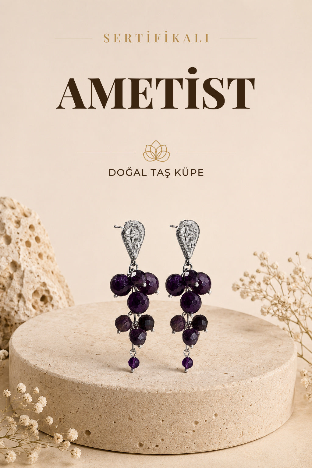 Sertifikalı Ametist Doğal Taşlı El Işçiliği Salkım Tasarım Gümüş Küpe