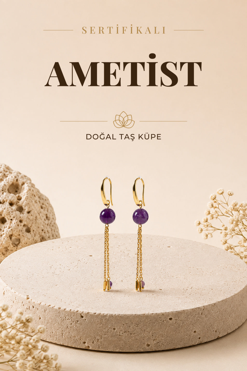 Sertifikalı Ametist Doğal Taşlı Zincir Detaylı Gümüş Küpe