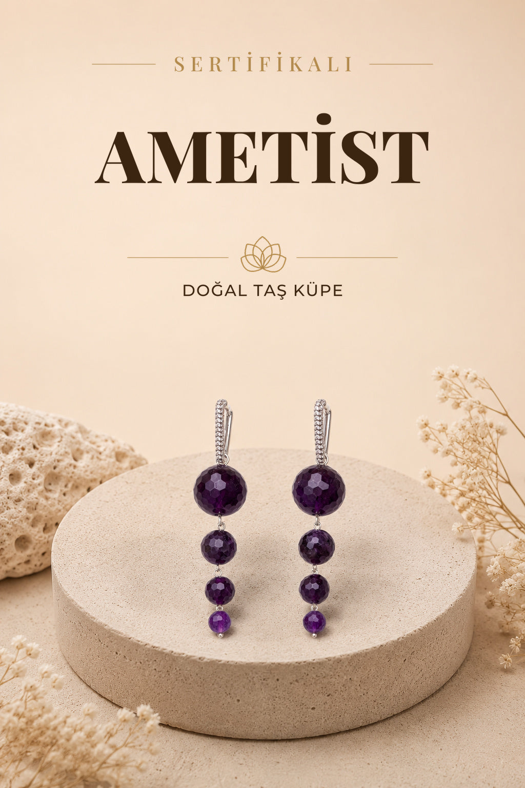 Sertifikalı Ametist Doğal Taşlı Sallantılı Tasarım Gümüş Küpe
