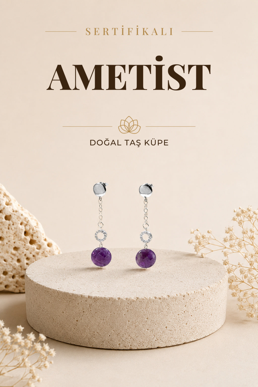 Sertifikalı Ametist Doğal Taşlı Tasarım Sallantılı Gümüş Küpe