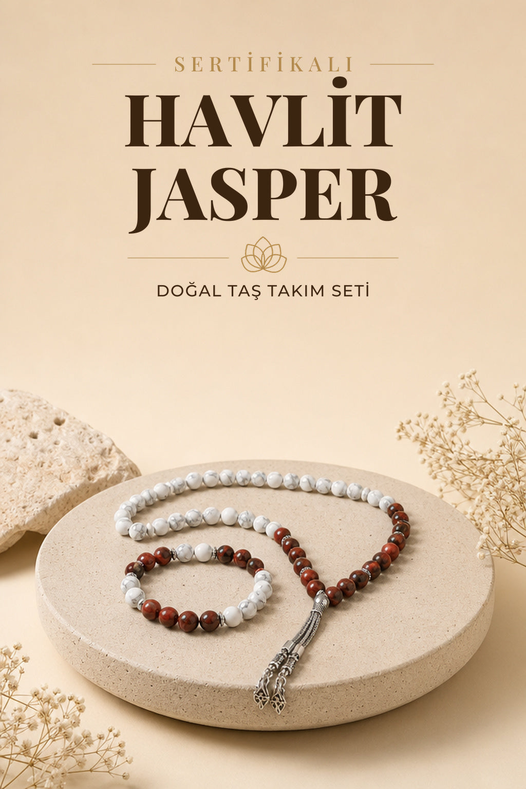 Sertifikalı Havlit, Kan Baba Jasper Doğal Taşlı 33'lük Tesbih Ve Bileklik Takım