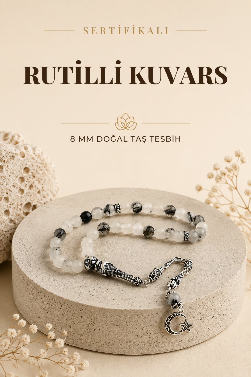 Sertifikalı Rutilli Kuvars Doğal Taş 33'lü Tesbih (GÜMÜŞ İMAME VE PÜSKÜL) 8 Mm