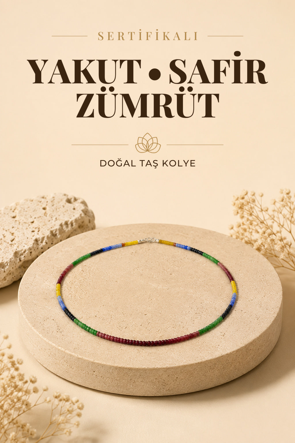 Sertifikalı Doğal Taş Kolye- Yakut, Safir, Zümrüt