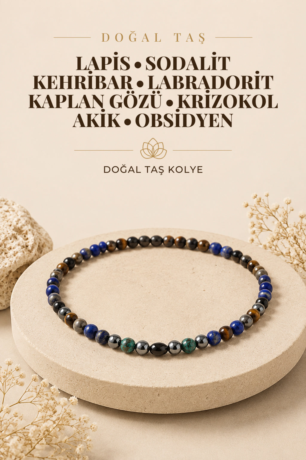 Erkek Öğrenci Kolye- Lapis, Sodalit, Kehribar, Labradorit, Kaplan Gözü, Krizokol, Akik, Obsidyen