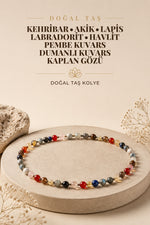 Öğrenci Kolyesi Kehribar-akik-lapis-labradorit-havlit-pembe Kuvars-dumanlı Kuvars-kaplan Gözü