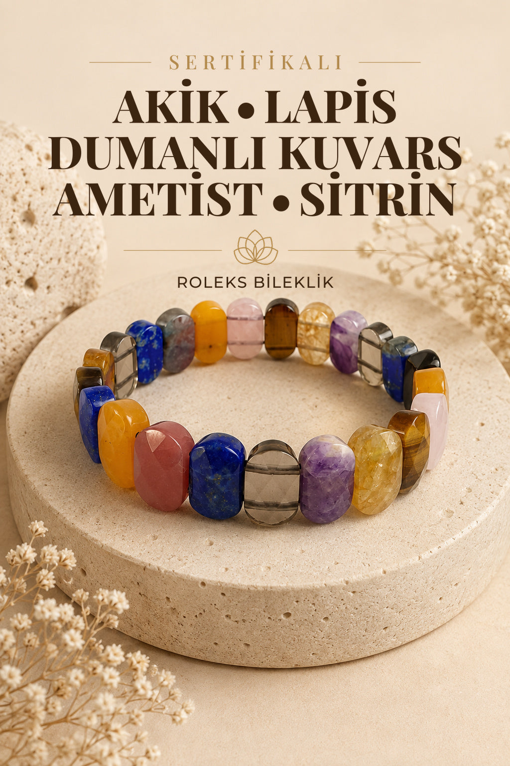 Sertifikalı Akik-lapis-dumanlı Kuvars-ametist-sitrin Roleks Bileklik