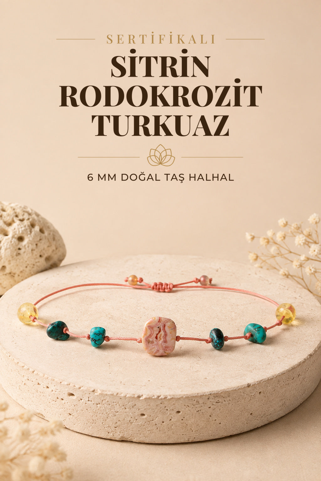 Sertifikalı Sitrin, Rodokrozit, Hakiki Turkuaz Doğaltaş Halhal 6 Mm, B930