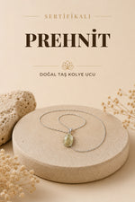 Sertifikalı Prehneit Doğaltaş Kolye Ucu, Gümüş Zincirle Birlikte 3,5x1,5 Cm, M472