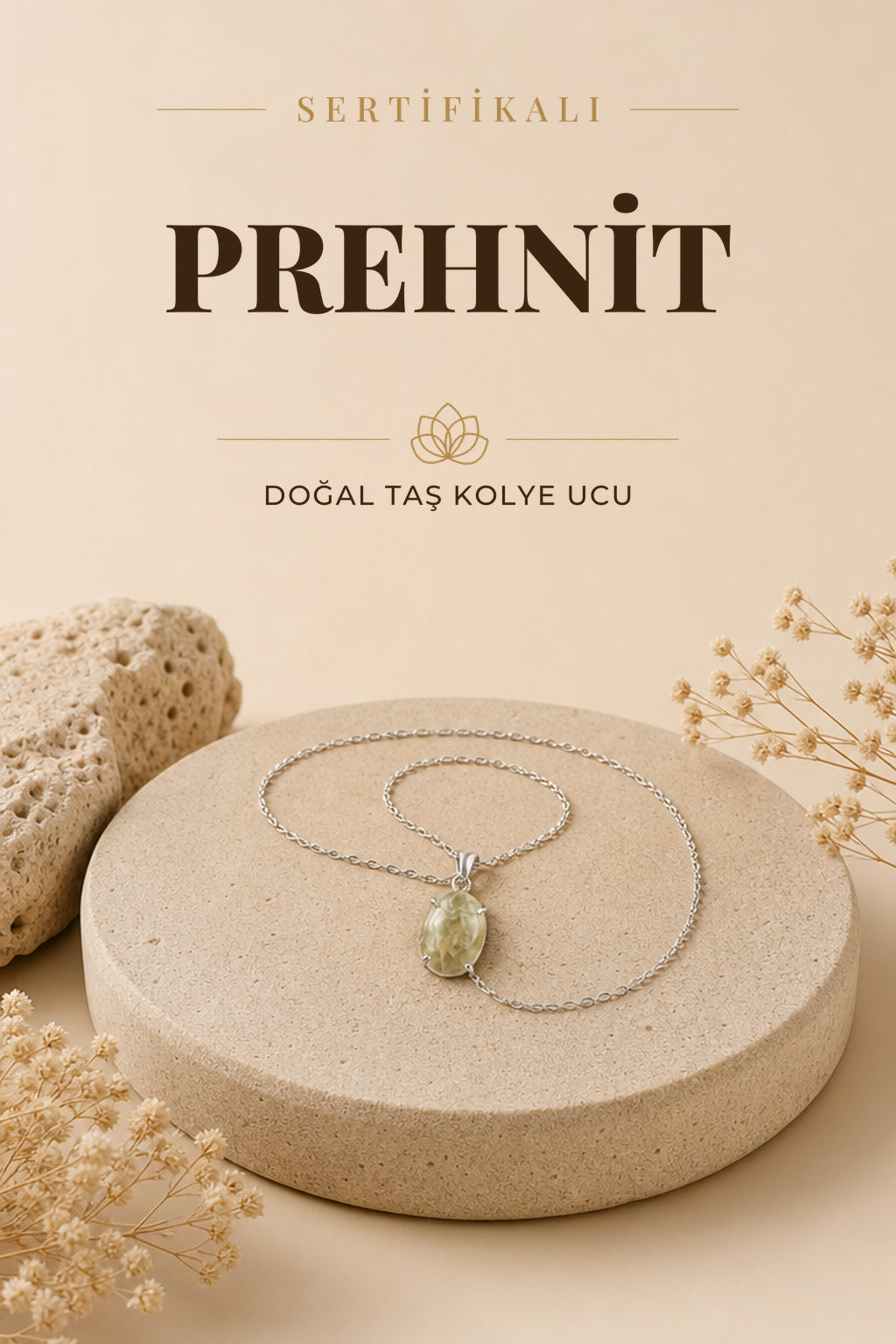 Sertifikalı Prehneit Doğaltaş Kolye Ucu, Gümüş Zincirle Birlikte 3,5x1,5 Cm, M472