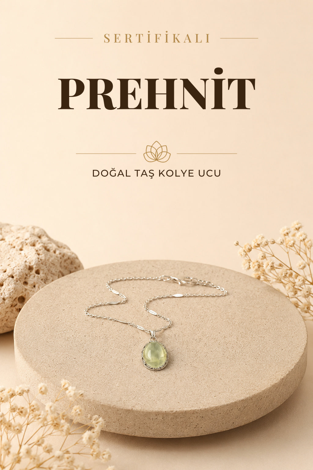 Sertifikalı Prehnit Doğaltaş Kolye Ucu, Gümüş Zincirle Birlikte 2x1,5 Cm, M476