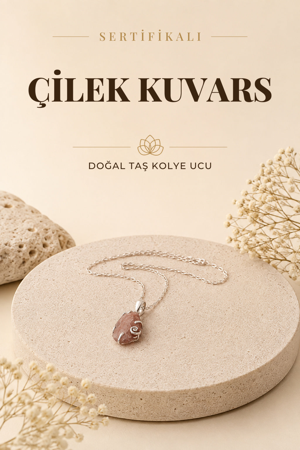 Sertifikalı Çilek Kuvars Doğaltaş Kolye Ucu, Gümüş Zincirle Beraber M444