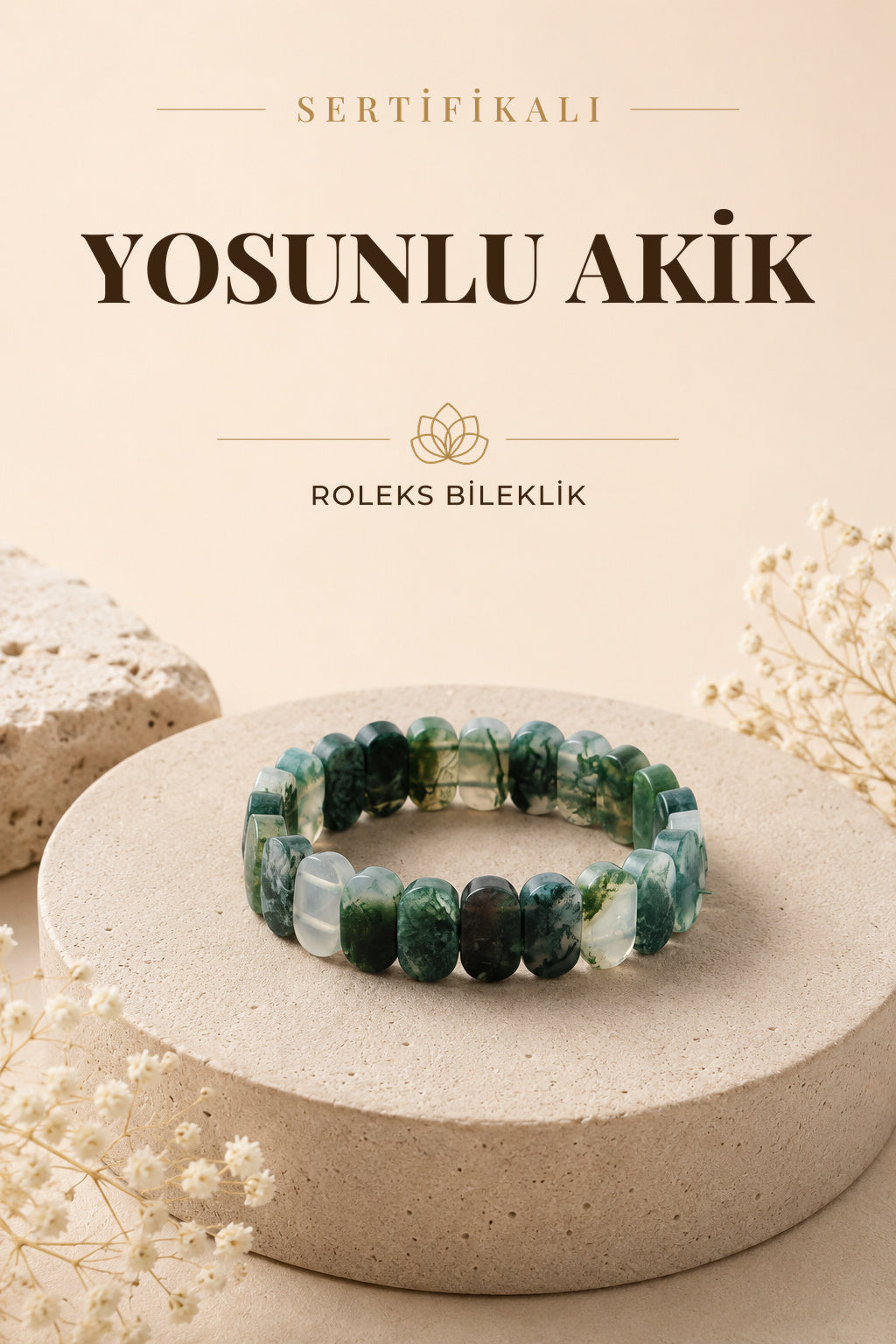 Sertifikalı Yosunlu Akik Doğal Taş Roleks Bileklik B711