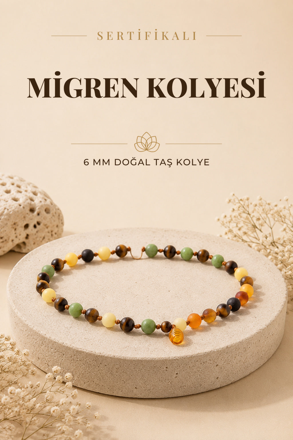 Sertifikalı Migren Doğal Taş Kolye - 6 Mm M385