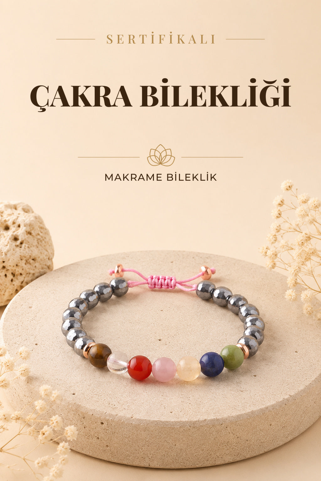 Sertifikalı Çakra Doğal Taş Makrome Bileklik - 8 Mm B762