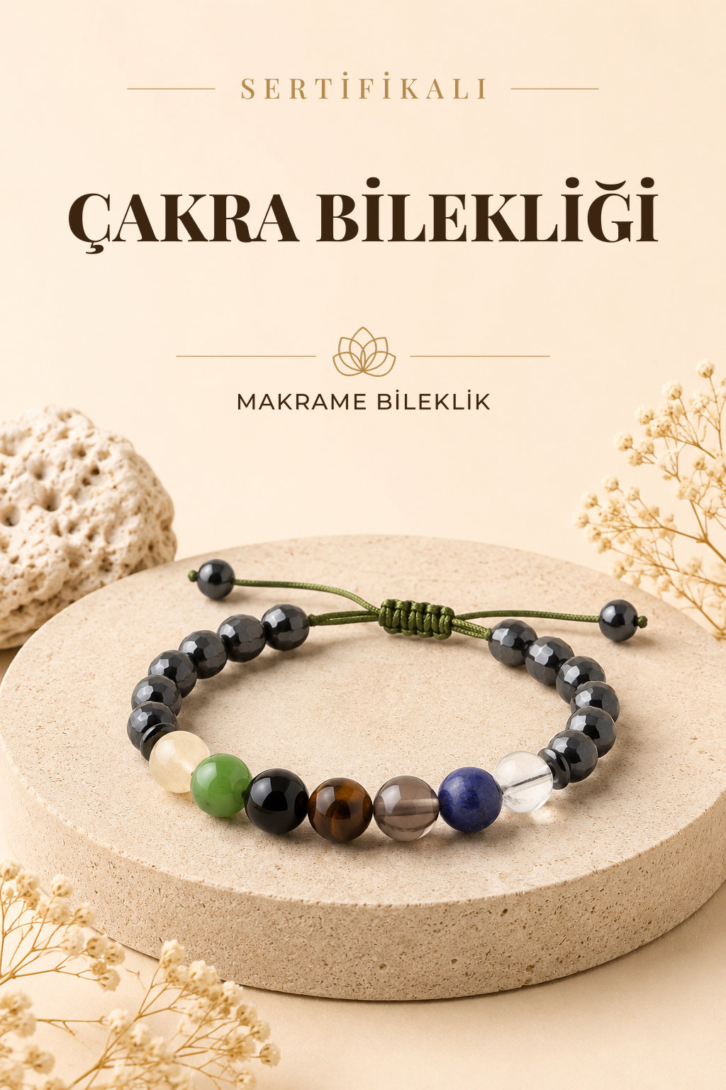 Sertifikalı Çakra Doğal Taş Makrome Bileklik - 8 Mm B763