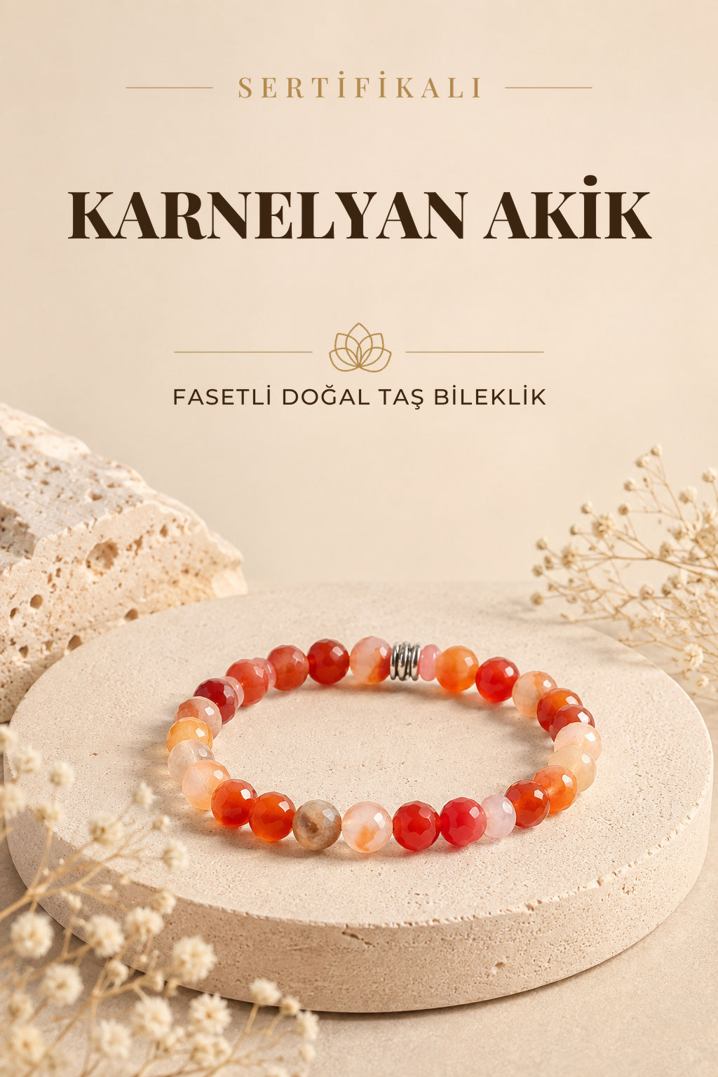 Sertifikalı Karnelyan Akik Doğaltaş Fasetli Bileklik 8 Mm, B890