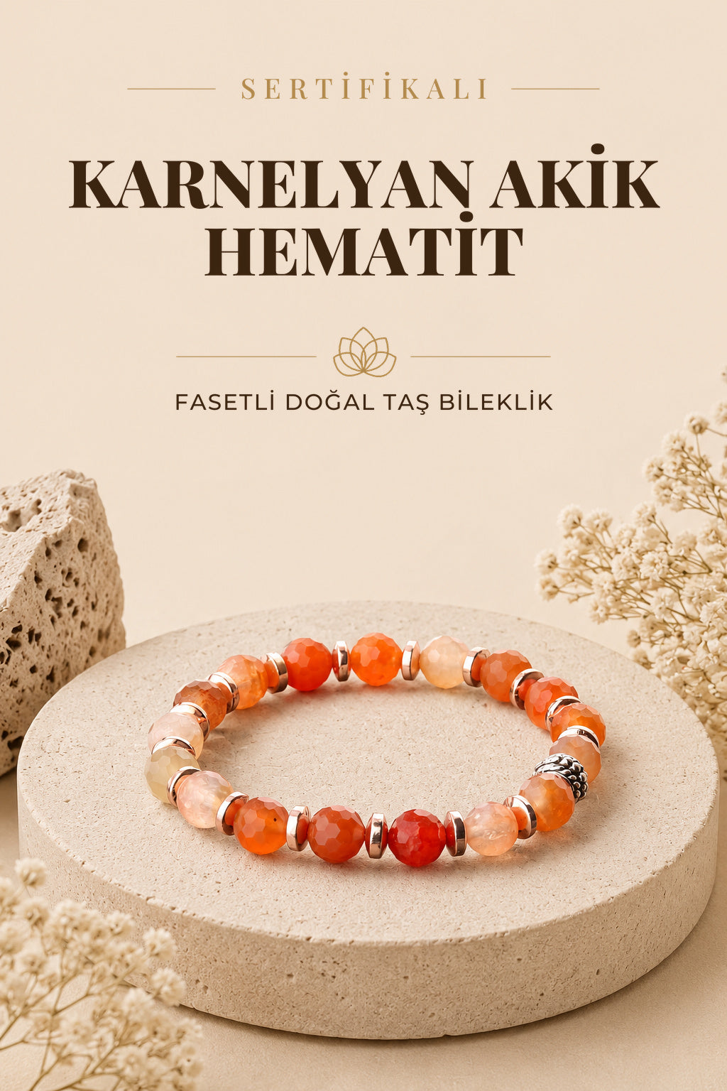 Sertifikalı Karnelyan Akik Hematit Doğaltaş Fasetli Bileklik 8 Mm, B891