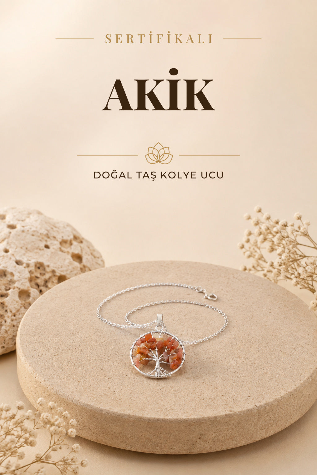 Sertifikalı Akik Doğal Taş Hayat Ağacı Gümüş Zincirli Kolye Ucu - M389