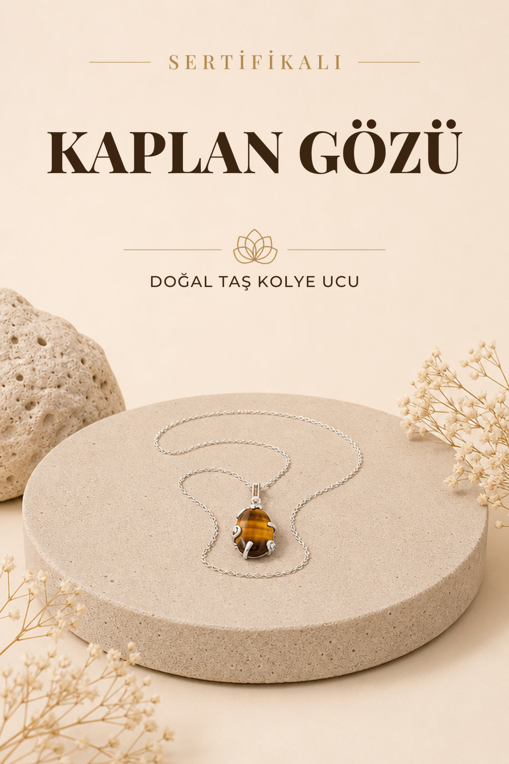 Sertifikalı Kaplan Gözü Doğaltaş Kolye Ucu, Gümüş Zincirle Beraber M429
