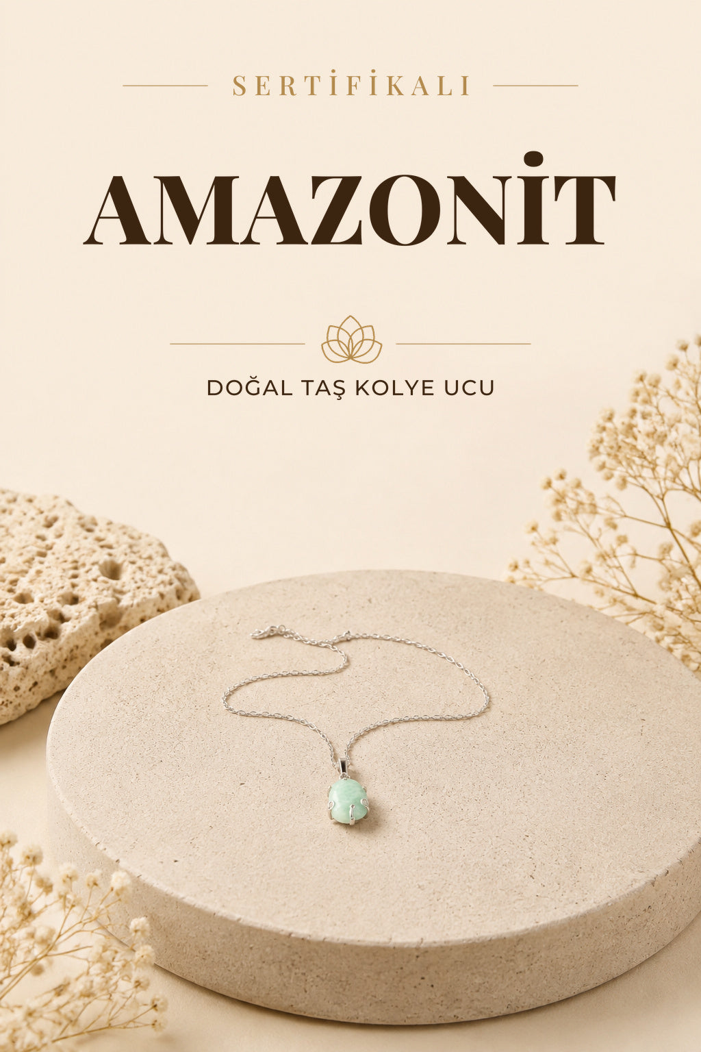 Sertifikalı Amazonit Doğaltaş Kolye Ucu, Gümüş Zincirle Beraber M430
