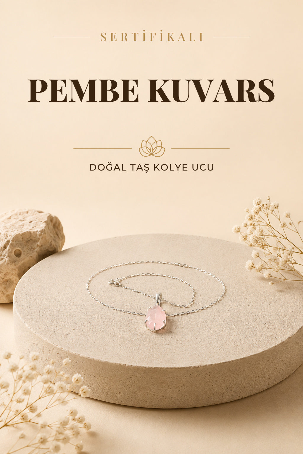 Sertifikalı Pembe Kuvars Doğaltaş Kolye Ucu, Gümüş Zincirle Beraber M436