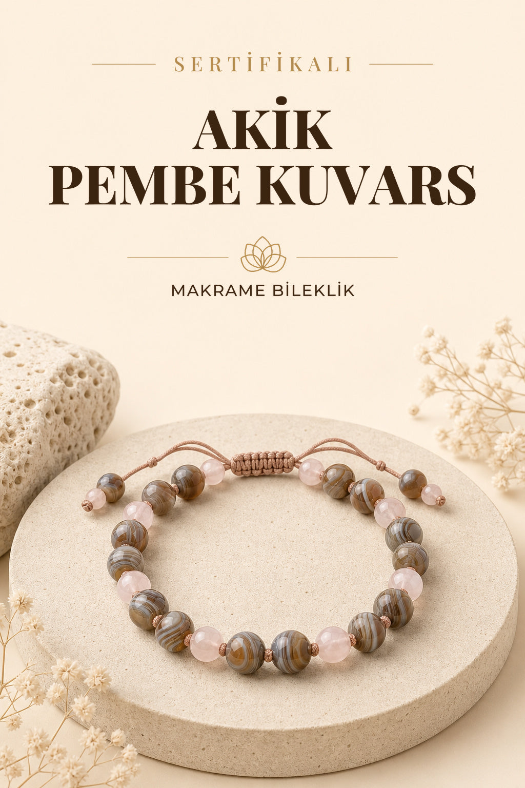 Sertifikalı Akik - Pembe Kuvars Doğal Taş Makrome Bileklik - B765