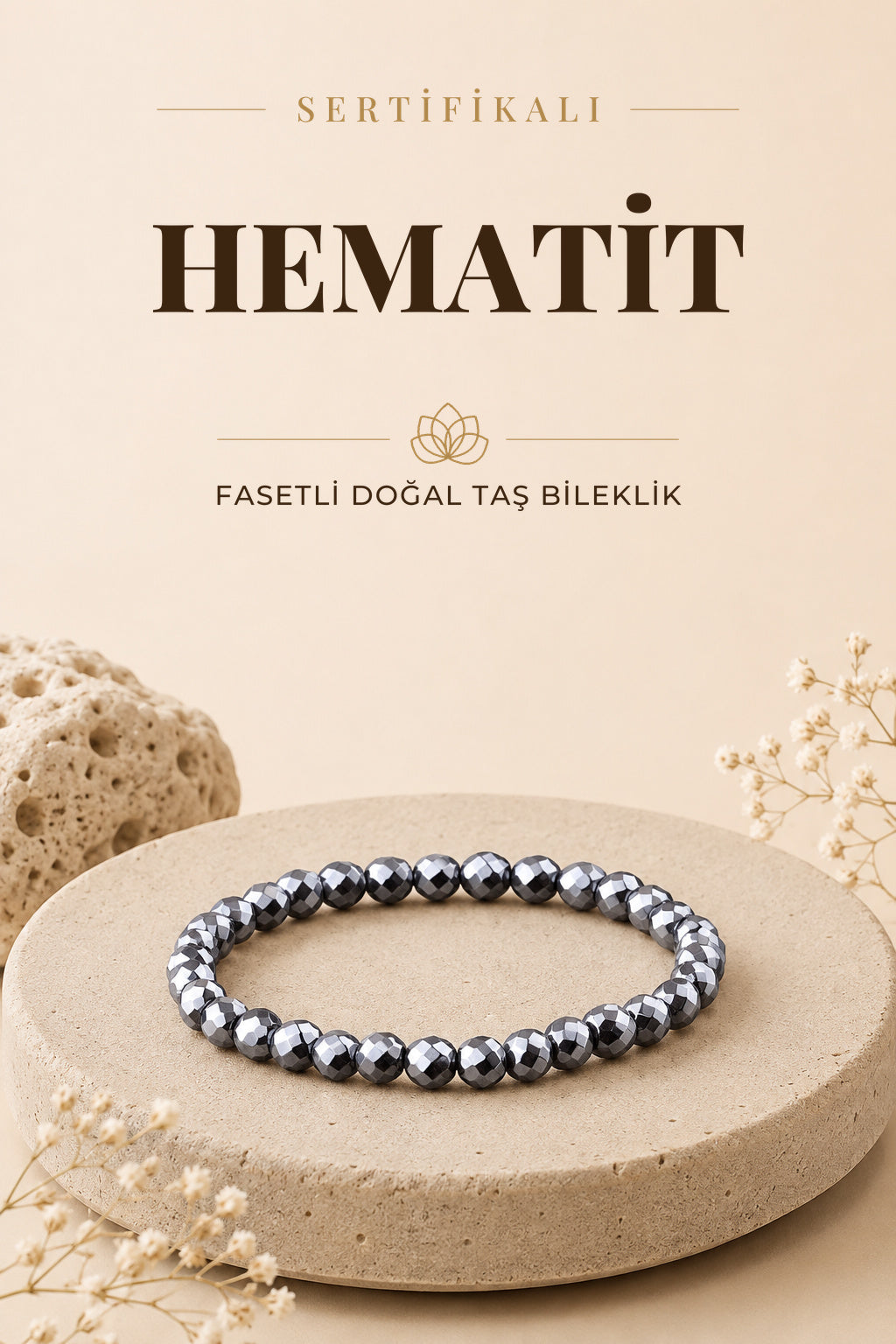 Sertifikalı Fasetli Hematit Doğal Taş Bileklik 6 Mm - B818