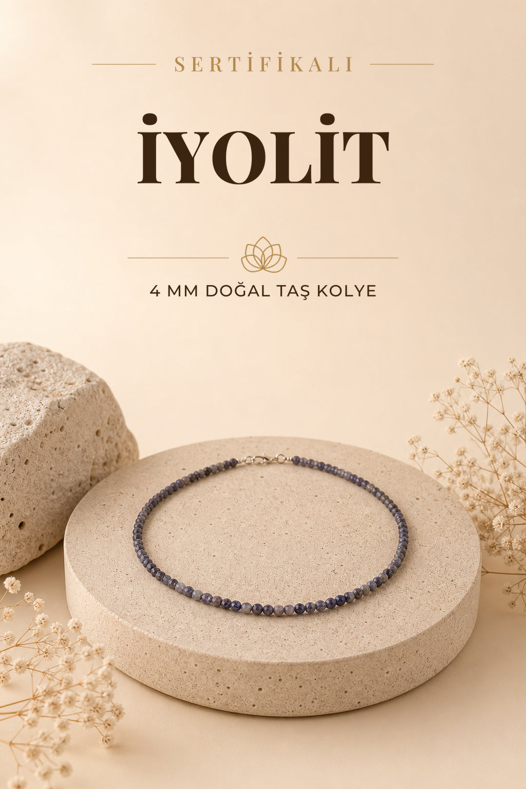 Sertifikalı Iyolit Doğal Taş Kolye 4 Mm, M416