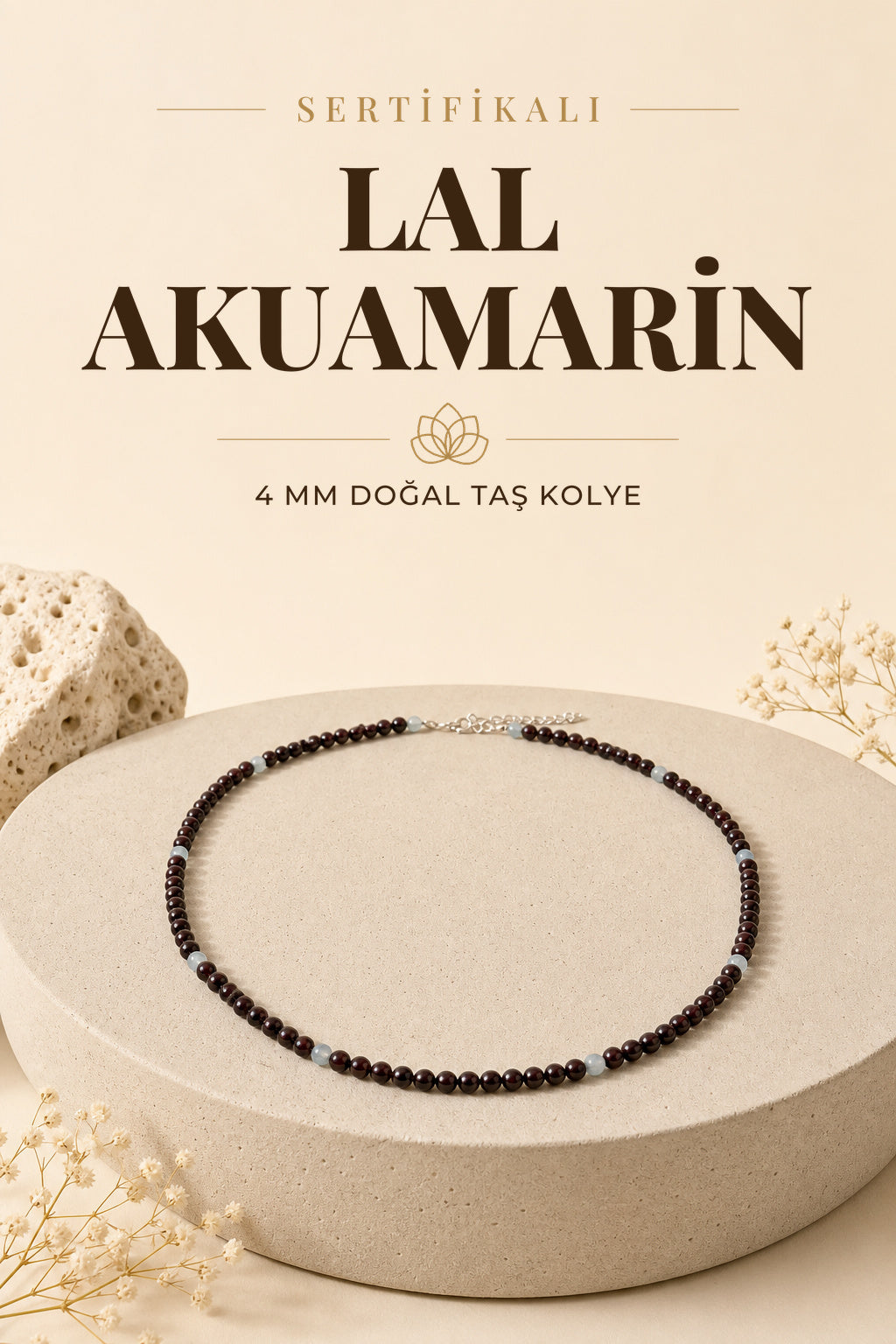 Sertifikalı Lal Akuamarin Doğaltaş Kolye Bileklik 4 Mm, M425