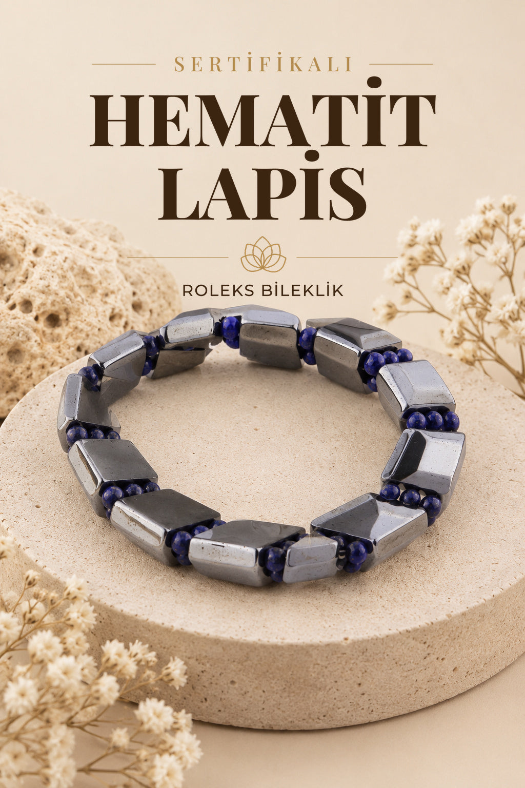 Sertifikalı Hematit - Lapis Doğal Taş Roleks Bileklik 15 Mm B750