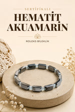 Sertifikalı Hematit - Akuamarin Doğal Taş Roleks Bileklik 15 Mm B752
