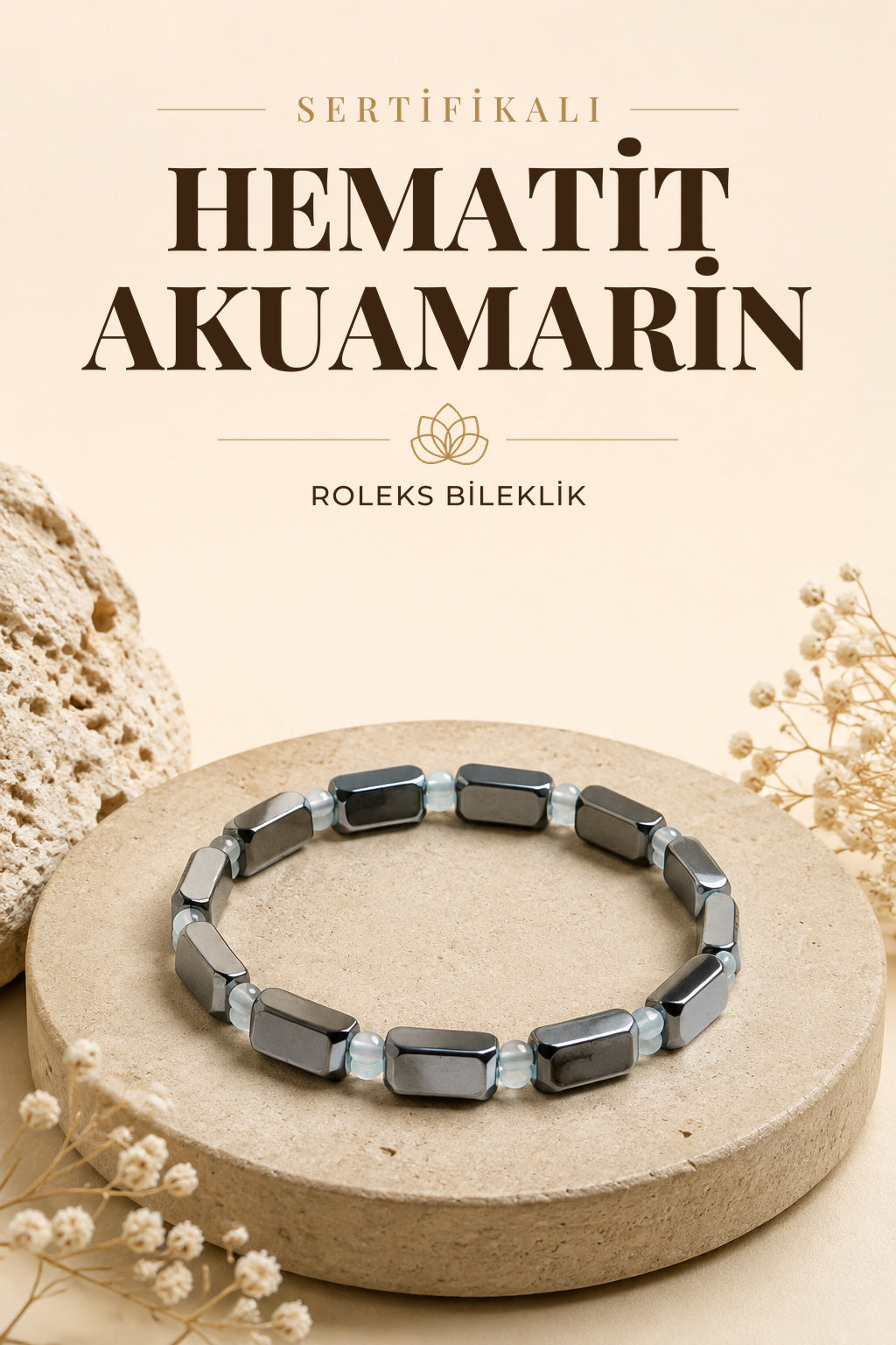 Sertifikalı Hematit - Akuamarin Doğal Taş Roleks Bileklik 15 Mm B752