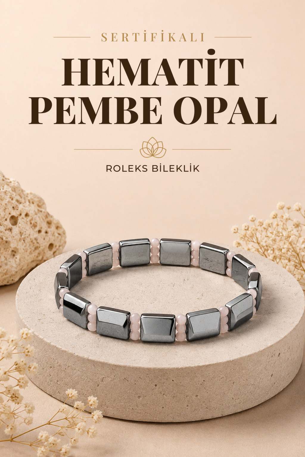 Sertifikalı Hematit - Pembe Opal Doğal Taş Roleks Bileklik 15 Mm B754