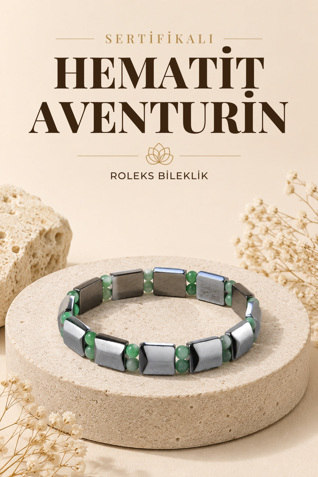 Sertifikalı Hematit - Aventurin Doğal Taş Roleks Bileklik 15 Mm B755