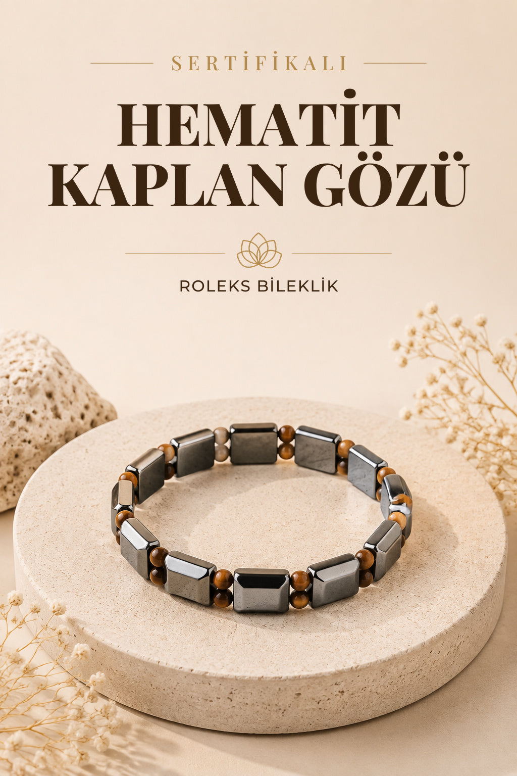 Sertifikalı Hematit - Kaplan Gözü Doğal Taş Roleks Bileklik 15 Mm B756