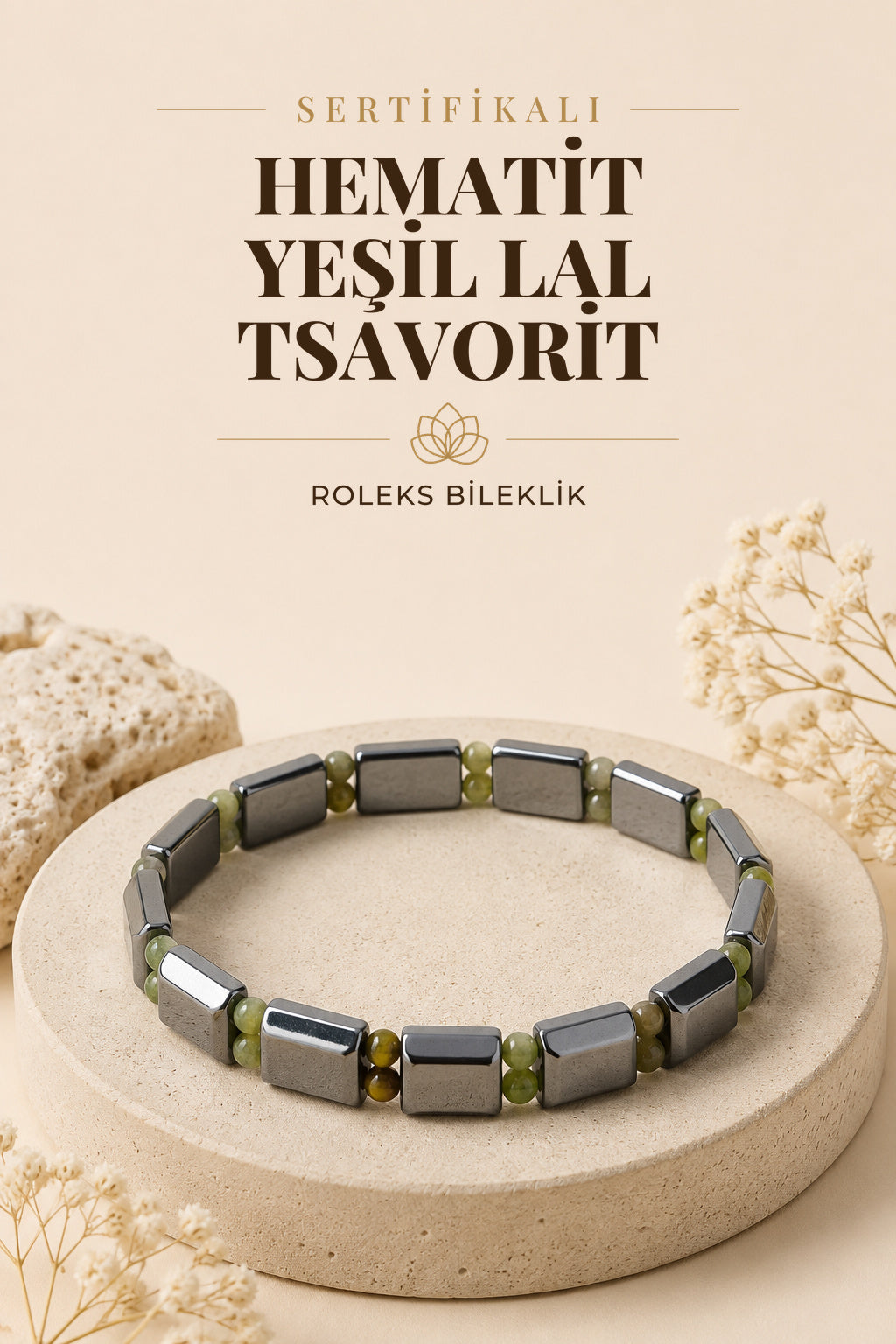 Sertifikalı Hematit - Yeşil Lal (tsavorit) Doğal Taş Roleks Bileklik 15 Mm B757