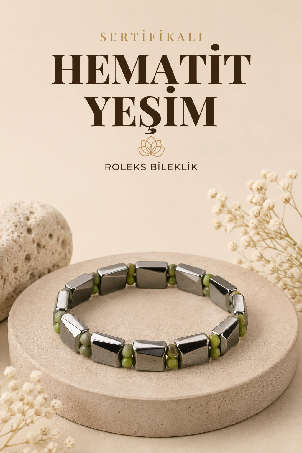 Sertifikalı Hematit - Yeşim Doğal Taş Roleks Bileklik 15 Mm B758